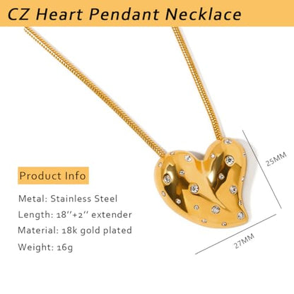 NUZON Sunburst Heart / 2-Tone Interlocking/CZ Evil Eye/Single Pearl/Love Heart Pendant Necklace for Women 14K Gold Chain Necklace Chunky Statement Jewelry - color: CZ Heart