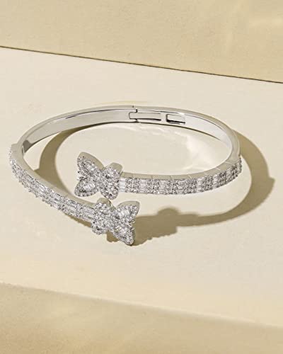 LuxeFlex Iced Out Diamond-Studded Butterfly Cuff Bracelet for Women, Men, and Teen Girls - 14K Gold Plated Bangle with Baguette CZ Stones, Perfect Birthday or Graduation Jewelry Gift for Best Friends - color: Butterfly/Silver