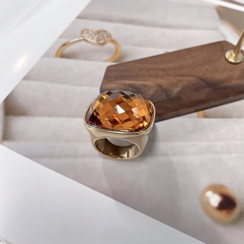 Chunky Square Crystal Glass Stainless Steel Statement Ring for Women Men Gold-Tone Plated Exaggerated Large Geometric Green Cubic Zirconia Finger Band Knuckle Rings Cocktail Prom Fashion Jewelry - color: Brown