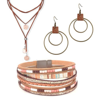 Western Jewelry Sets for Women Boho Jewelry, Layer Bohemian Necklace Earrings Bracelet, Cowgirl Accessory Rodeo Summer Beach - color: Brown
