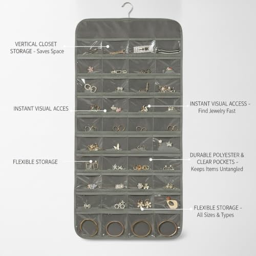 Hanging Jewelry Organizer, Vertical Closet Storage with Clear Pockets for Necklaces and Earrings, Polyester Roll-Up Bag (1 PC) - color: Gray
