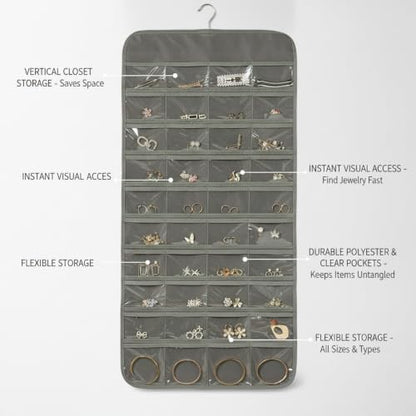 Hanging Jewelry Organizer, Vertical Closet Storage with Clear Pockets for Necklaces and Earrings, Polyester Roll-Up Bag (1 PC) - color: Gray