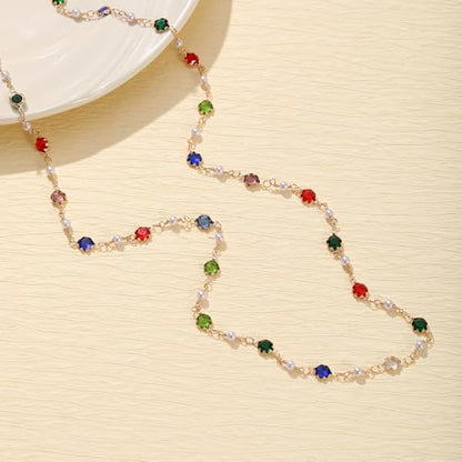 KURTCB Rhinestone Necklace for Women Boho Long Y Lariat Gold Necklace Stack Colorful Summer Beach Jewelry - color: Multi P