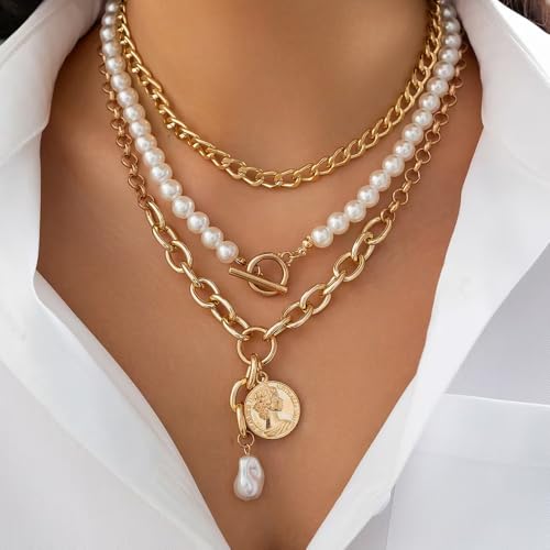 Chunky Pearl Layered Necklaces for Women Gold Big Statement Choker Necklace Set Charm Pearl Coin Pendant Necklace Trendy Jewelry Accessories Gifts - color: Gold2