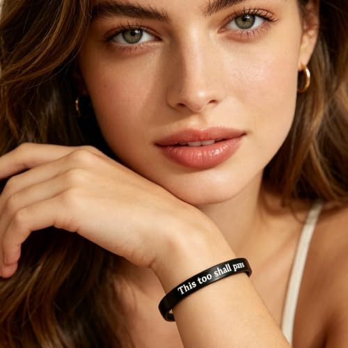 This Too Shall Pass But F*cking Hell Mantra Cuff Bracelets, Stainless Steel Inspirational Cuff Bracelets with Hidden Message Engraved Bracelet Open Adjustable Self-Reminder Bangle Motivational Jewelry for Women - color: Arrow Black