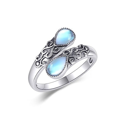 Ring for Women Sterling Silver Adjustable Band Open Rings Jewelry Gifts for Girls - style: Moonstone