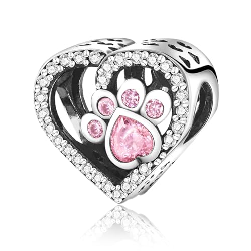 S925 Sterling Silver Cute Bead Charm for Pandora Bracelets and Necklaces | Lucky Clover Cute Animal Pink Bow Cherry Butterfly Pendant Bead Charms Jewelry Making Gifts for Women Valentines Mother's Day - style: Paw Print Heart Bead Charm