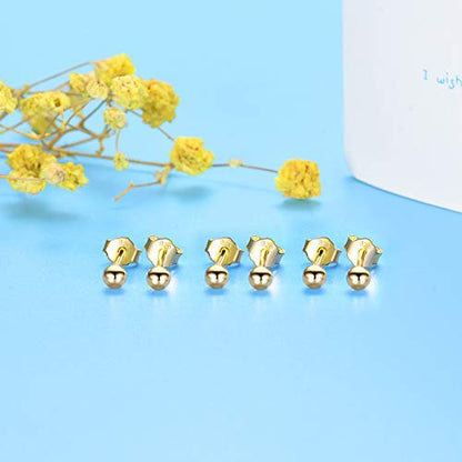 EPIRORA Sterling Silver Stud Earrings for Women Men- 3 Pairs 3mm Tiny Ball Stud Earrings Round CZ Earrings Pearl Earrings Set Cartilage Small Tragus Earrings - style: 3 Pairs-Round Ball Earrings(Gold)
