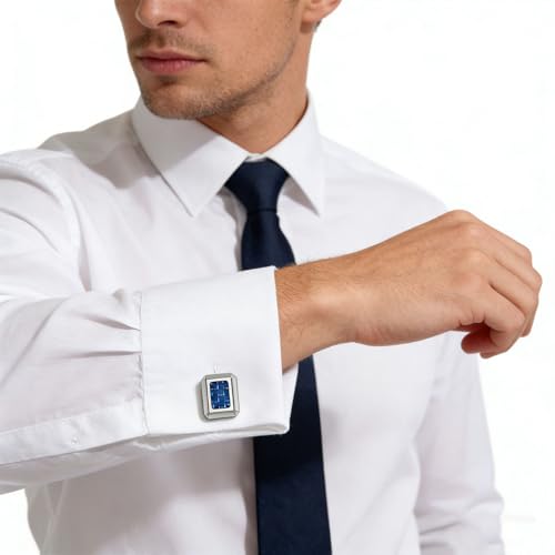 HZMAN Rectangle Carbon Fiber Cufflinks for Men, Stainless Steel High Polished Formal Cuff Links with Carbon Fiber Inlay, Dress Shirt Accessories for Wedding Business Party - style: Silver