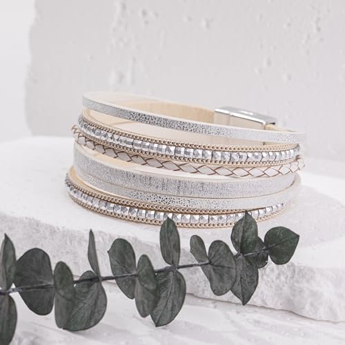 Boho Layered Leather Wrap Bracelets Chunky Western Country Hippie Jewelry | Stackable Bohemian Cowgirl Magnetic Clasp Cuff Bangle Set Fashion Stack Statement Festival Trendy Jewelry Gifts for Women - color: White