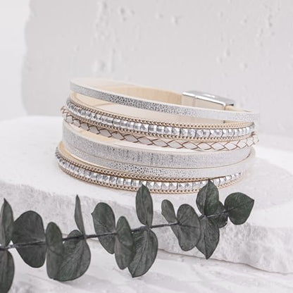 Boho Layered Leather Wrap Bracelets Chunky Western Country Hippie Jewelry | Stackable Bohemian Cowgirl Magnetic Clasp Cuff Bangle Set Fashion Stack Statement Festival Trendy Jewelry Gifts for Women - color: White