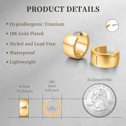 Limerencia Implant Grade Titanium Chunky Wide Huggie Hoop Earrings | Hypoallergenic,G23 Pure Titanium,Waterproof,Thick Huggie for Sensitive Ears - color: Gold