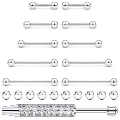 Prjndjw 14G Surgical Stainless Steel Tongue Rings Set 12/14/16/18/22mm 5mm Round Ball Tongue Barbells Nipple Rings with Removal Tool for Women Men 21 Pieces - color: Silver 12/14/16/18/22 Barbell Piercing Jewelry