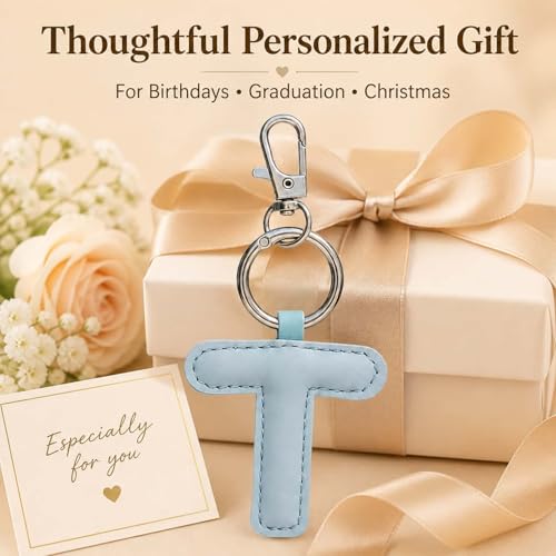 Initial Letter Keychain,Stainless Steel,Colorful Faux Leather Keyring for Backpack,Purse,Car Keys,Gift for Men Women - color: T