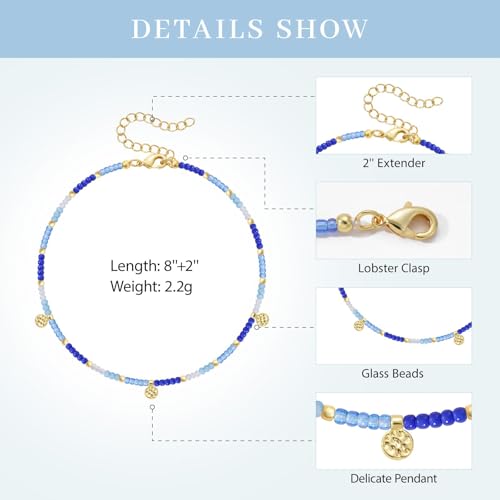 KissYan Beaded Ankle Bracelet for Women, Bead Anklet with Dangling Charm, Beach Waterproof Foot Jewelry Gifts for Her - color: Blue