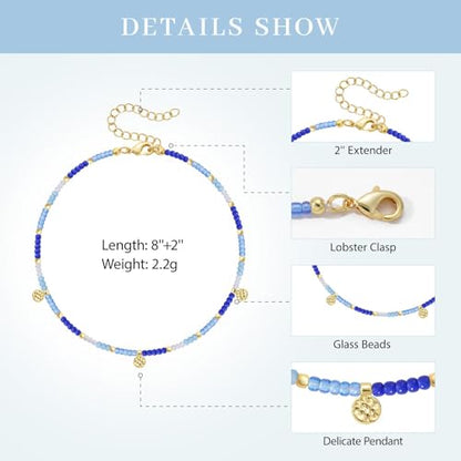 KissYan Beaded Ankle Bracelet for Women, Bead Anklet with Dangling Charm, Beach Waterproof Foot Jewelry Gifts for Her - color: Blue