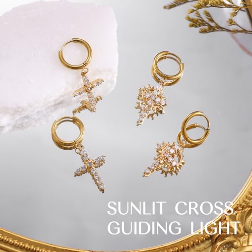 Gold Dangle Earrings for Women,Horseshoe Hoop Huggie Earrings with Heart Cubic Zirconia Hypoallergenic Lightweight Dangling Earrings Lucky Jewelry Gifts Perfect for Christmas,Birthday,Anniversary - style: Sun in Cross