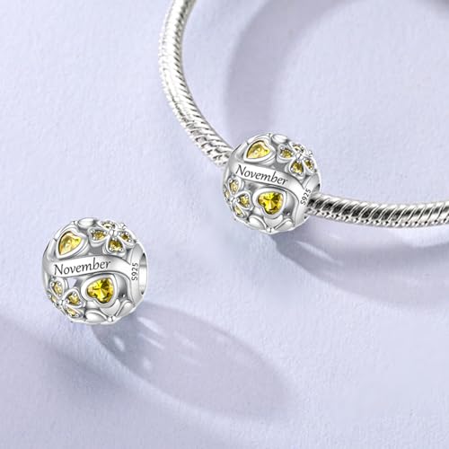 LNQOBU 925 Sterling Silve Lucky Birthstone Charm for Bracelets, With 5A Cubic Zirconia Birthday Charms Dangle Pendant Bead for Pandora Bracelets and Necklaces - color: K1-November
