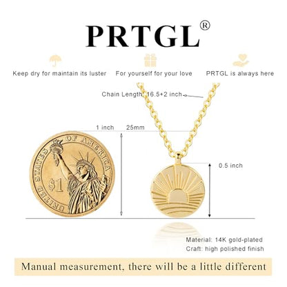 Dainty Gold Necklace: 14k Gold Plated Dianty Boots Bow Sun Moon Horse Evil Eye Conch Seahorse Necklace for Women 16.5"+2" - color: Sun Rise Coin