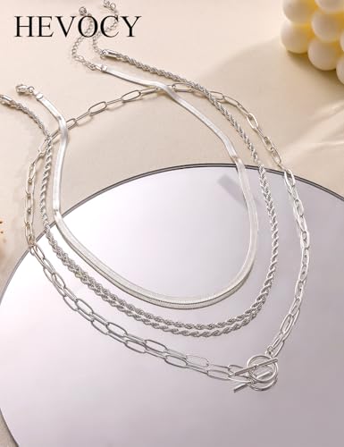 Layered Toggle Necklace for Women, 3-Chain Stack | Gold/Silver-plated necklace set with paperclip, rope, and herringbone chains plus a toggle clasp for daily wear and parties - color: Silver