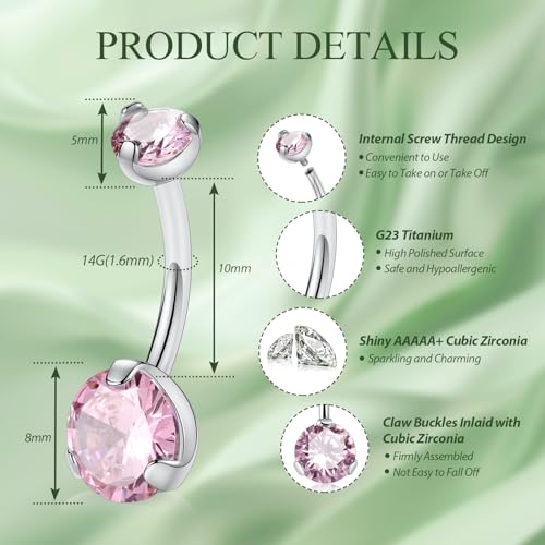 FUNLMO 14G Belly Button Ring Titanium Belly Button Piercing Belly Ring Internally Threaded Navel Piercing Jewelry - color: Silver-Pink CZ