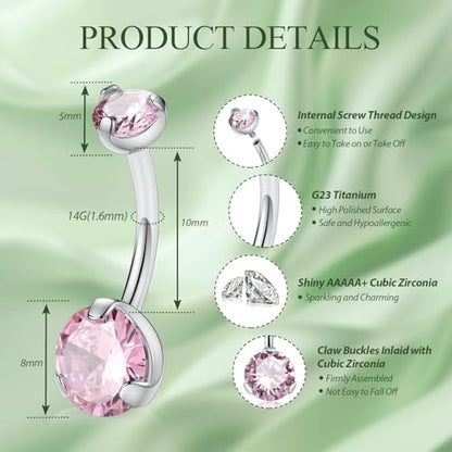 FUNLMO 14G Belly Button Ring Titanium Belly Button Piercing Belly Ring Internally Threaded Navel Piercing Jewelry - color: Silver-Pink CZ