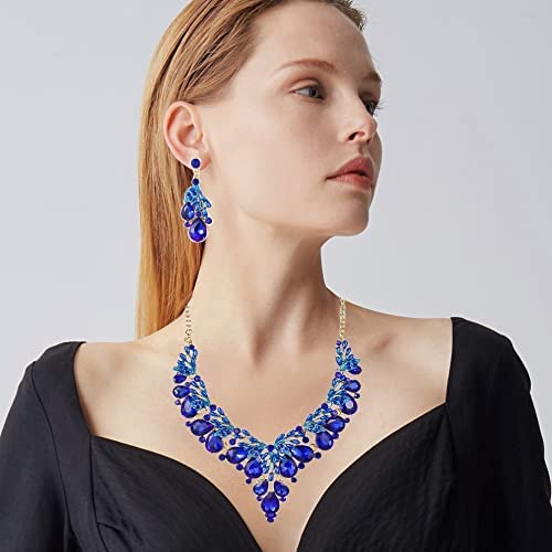 Jewelry Set for Women, Statement Necklace Dangle Earrings Bracelet Ring, White/KC Gold Plated Jewelry Set with Rhinestone Pearl Crystal Wedding Party Jewelry for Bridal Bridesmaid - color: Blue-Gold Plated