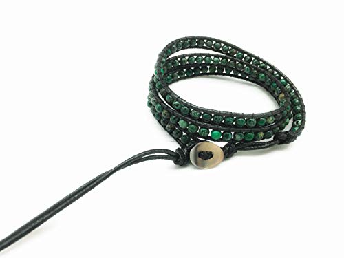 Handmade Alloy Leather Natural Stone Bead Statement Bracelet Bangle Cuff Rope 3 Wrap Adjustable Jewelry Collection - color: Dark Green Sea Sediment Jasper & Black Leather Cord
