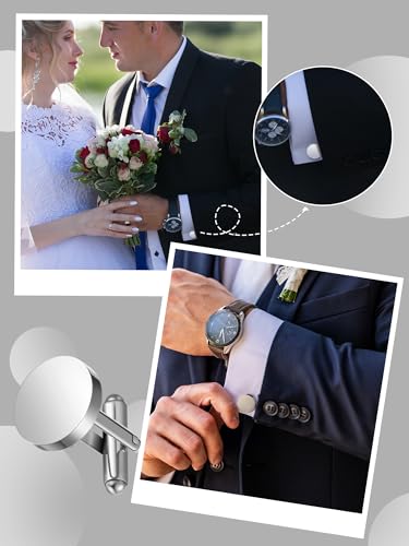 Newcotte 5 Pairs Cufflinks for Men Round Silver Cufflinks Mens Classic Stainless Steel Cuff Links Set for Wedding Gifts - color: Silver