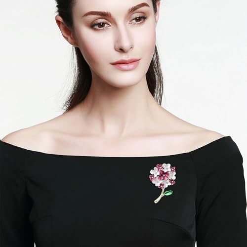 Blue White Hydrangea Flower Brooch Enamel Crystal Floral Lapel Pin Gold Plated Elegant Brooch for Women Suit Scarf Accessory - color: Red