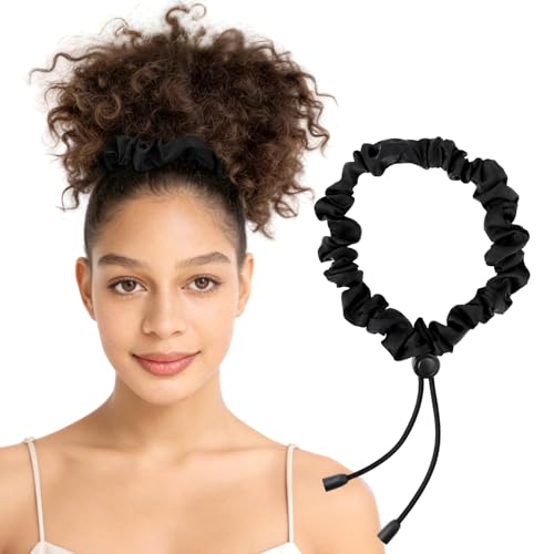 2 Pcs Adjustable Black Hair Ties, Elastic Satin Headband Satin Hair Scrunchies for Women Girls Thick Curly Hair, Afro Puff Ponytail, Natural& Curly Hairstyle