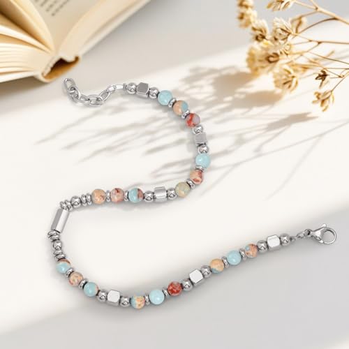 Womens Boho Adjustable Stackable Beaded Bracelets for Women Teen Girls Stainless Steel Natural Stone Link Bracelets for Women Non Tarnish Waterproof Handmade Bead Bracelet for Women Best Friend Bestie Mother Daughter Sister Gifts for Happy Birthday Grad G
