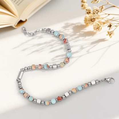 Womens Boho Adjustable Stackable Beaded Bracelets for Women Teen Girls Stainless Steel Natural Stone Link Bracelets for Women Non Tarnish Waterproof Handmade Bead Bracelet for Women Best Friend Bestie Mother Daughter Sister Gifts for Happy Birthday Grad G