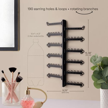 12-Tier Hanging Wall Jewelry Organizer, Earring,Necklace,Ring Holder-Black | Large Capacity with 120 Earring Holes, Rotating Branches, genuine 3M Command Strips, Bracelet, Ring & Necklace Storage - color: Black 12-Tier
