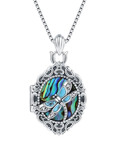 925-Sterling-Silver Turquoise Dragonfly/Hummingbird/Compass/Anchor/Butterfly/Cross/Lotus Necklaces Vintage Boho Pendant Jewelry Victorian Christmas Birthday Gifts for Women - style: Dragonfly Turquoise Abalone Necklace