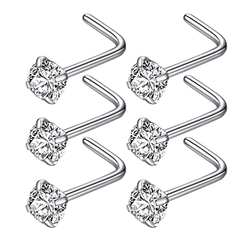 316L Surgical Steel 22g/20g/18g Nose Rings Studs L-Shape Nose Nostrial Piercing Body Jewerly L Shaped Nose Studs 1.5mm 2mm 2.5mm 3mm CZ Nose Screw Studs Rings for Women - style: 6pcs/L-shape/18g/3.0mm Clear CZ/Silver