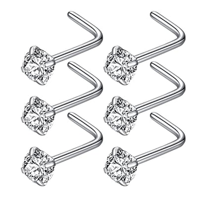316L Surgical Steel 22g/20g/18g Nose Rings Studs L-Shape Nose Nostrial Piercing Body Jewerly L Shaped Nose Studs 1.5mm 2mm 2.5mm 3mm CZ Nose Screw Studs Rings for Women - style: 6pcs/L-shape/18g/3.0mm Clear CZ/Silver
