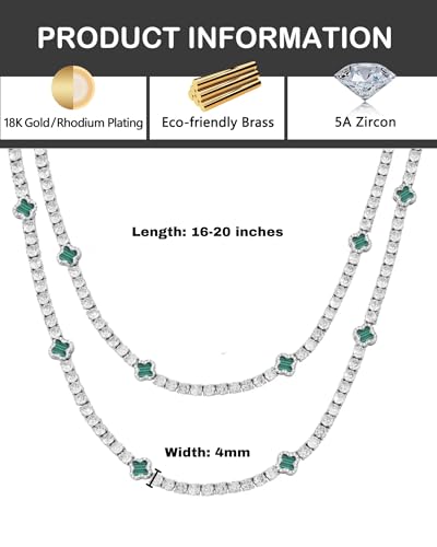 LuxeFlex 4mm Iced Out Four Leaf Tennis Chain,White Gold Plated with 5A Zircon Stones, exquisite Handmade Hip Hop Bling Necklace Perfect Unisex Jewelry Gift - color: White Gold-Green, size: 18 INCH