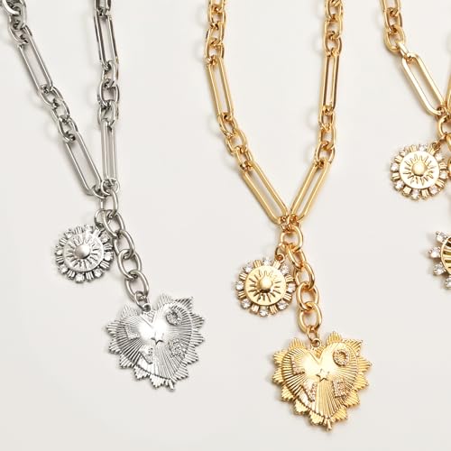 ORIGENCE Sun Heart Necklace for Women 18K Gold Plated Heart Pendant Necklace Chunky Chain Choker Necklaces Hip Hop Charm Necklaces Trendy Unisex Jewelry - style: 2Charm-Gold