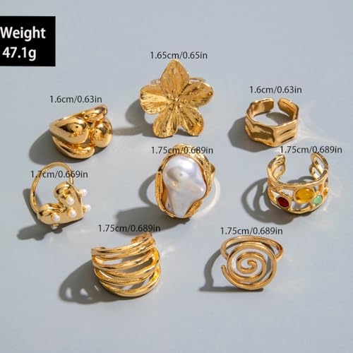 Gold Pearl Flower Stackable Rings Set,Chunky Large Pearls Floral Knuckle Rings Pack for Women,Trendy Thick Beach Everyday Jewelry