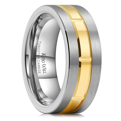 King Will Classic Mens 、Tungsten Carbide Rings Brick Pattern Groove Center | Silver/Black/Gold/Rose Gold, 8mm, Grooved, Comfort Fit, Brick pattern, Everyday Wear - color: C-Silver & Gold