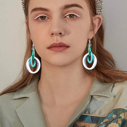 Bohemian Simplicity Acrylic Geometry Oval Circle Dangle Drop Earrings Lightweight Resin Chain Hook Earrings For Women - color: Blue White