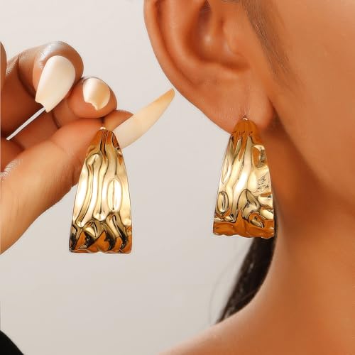 Hoop Earrings for Women Wide Hoop Earrings Large Big Flat Huggie Hoops Earrings Trendy Chunky Hoops Earrings Statement Earrings Jewelry for Women - color: Gold1