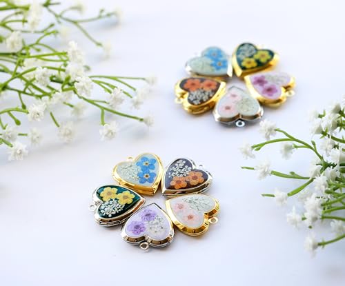 Handmade Heart Shaped Dried Pressed Forget Me Not Flower Photo Locket Pendant Necklace - color: Gold, style: PURPLE+L