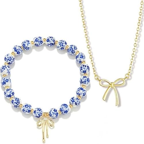 3PCS Bow Beaded Jewelry Set for Women Vintage Handmade Flower Blue And White Porcelain Enamel Ribbon Necklace Bracelet and Earrings Bow Christmas Birthday Holiday Charm Romantic Jewelry Gifts - style: Style A
