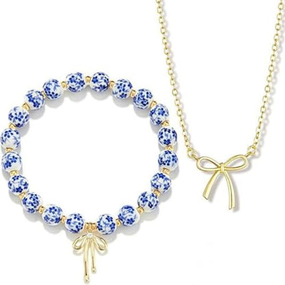 3PCS Bow Beaded Jewelry Set for Women Vintage Handmade Flower Blue And White Porcelain Enamel Ribbon Necklace Bracelet and Earrings Bow Christmas Birthday Holiday Charm Romantic Jewelry Gifts - style: Style A