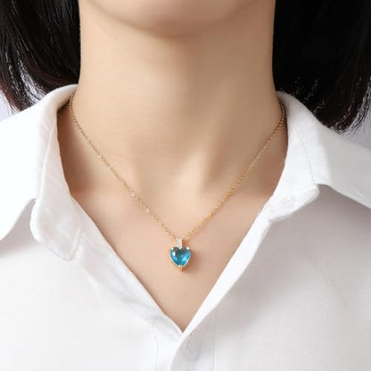 Heart Birthstone Necklace for Women, 14K Gold Plated Birthstone Pendant Necklace Cubic Zirconia Diamond Necklace Dainty Gold Necklace Birthday Gifts for Women Girls - color: 03. March(Aquamarine)