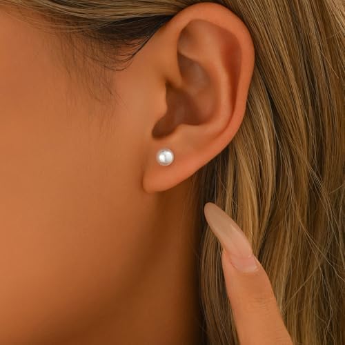 Pearl Stud Earrings for Women Gold/Silver Plated 3mm 4mm 5mm 6mm 8mm Pearl Earrings Dainty Hypoallergenic Earrings - color: White Gold, size: 6 Millimeters