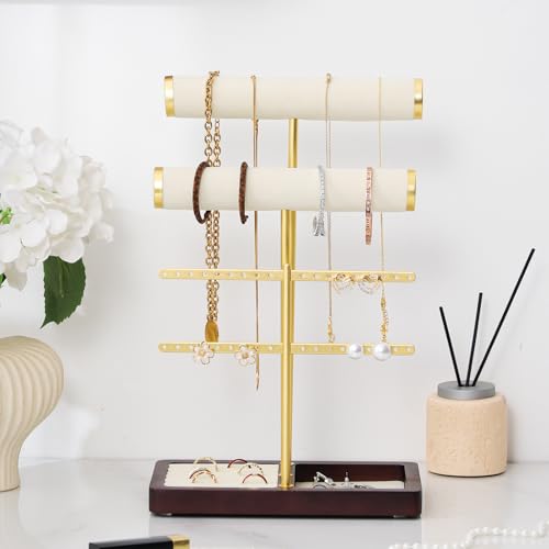 modern T-shaped jewelry rack, jewelry tower, gold metal, square ceramic base decoration display tower, necklace, bracelet, ring storage rack (2-layer beige velvet) - style: 2-layer beige velvet