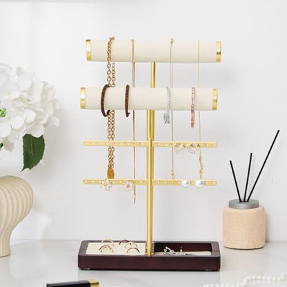 modern T-shaped jewelry rack, jewelry tower, gold metal, square ceramic base decoration display tower, necklace, bracelet, ring storage rack (2-layer beige velvet) - style: 2-layer beige velvet